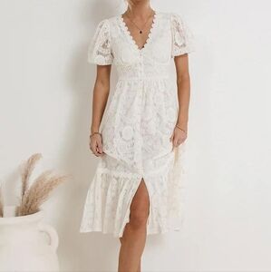 By The River Elegant White Lace Dress‎ Midi Casual Wedding Size Large V-neck